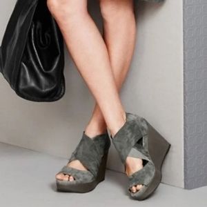 Eileen Fisher Draw Drape Suede Platform Wedge Sandles Criss-Cross Straps